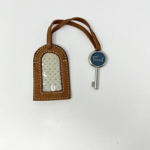Fossil Leather Luggage Tag and Signature Key Bag Charm Brown Teal Silver Travel